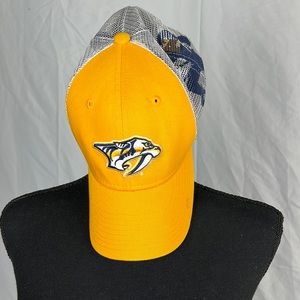 Lids Nashville Predators Gold SnapBack Trucker Hat with Hockey Player De…